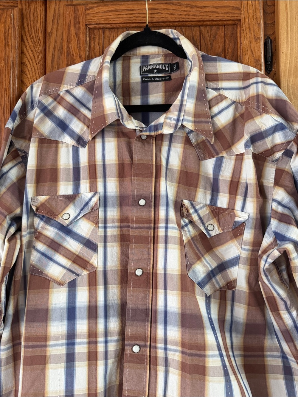 Panhandle Slim Men's Plaid Button-Down Western Shirt in Brown, Blue, Cream - Picture 3 of 9